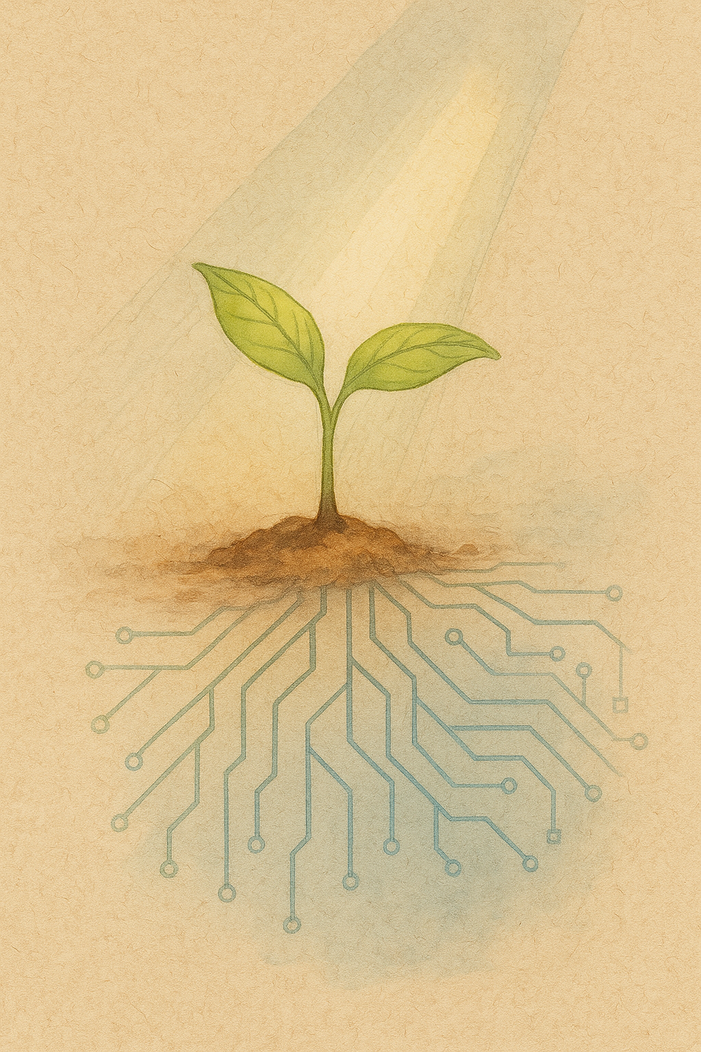 A young green seedling bathed in soft light grows from soil, its roots forming a pattern of digital circuitry beneath the surface.
